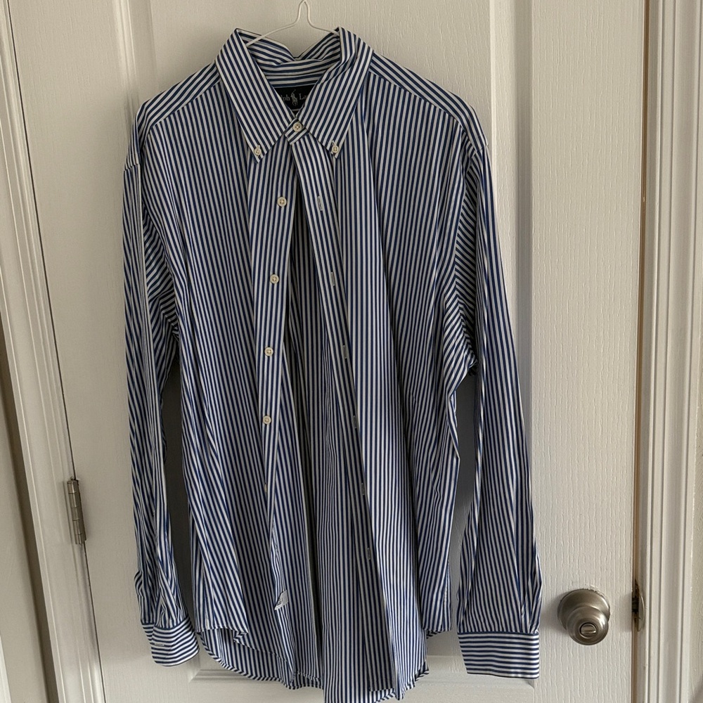 Ralph Lauren Men's Blue and White Striped Dress Shirt